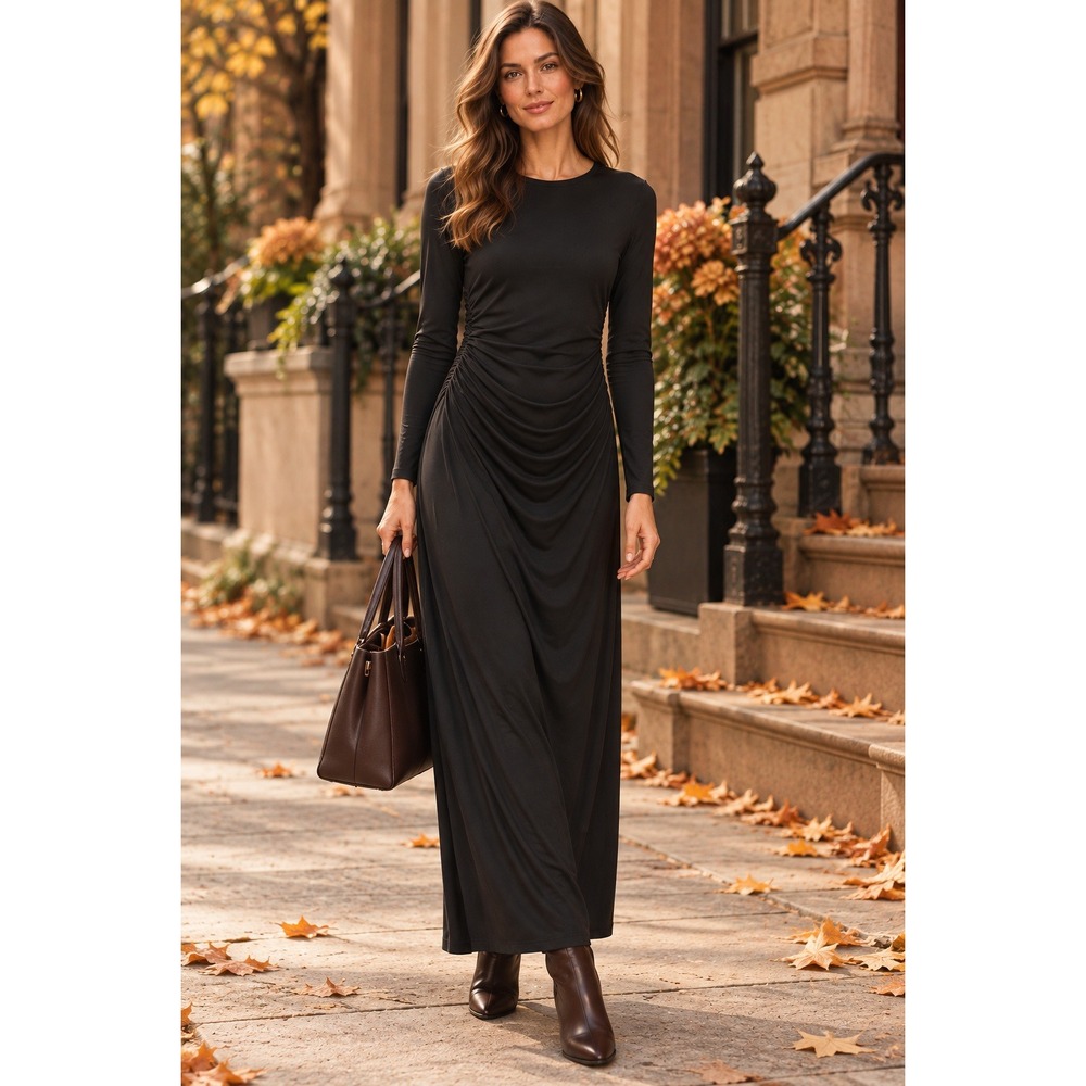NWT J. Crew Ruched Waist Black Long Sleeve Maxi Dress (MSRP: $158) Medium